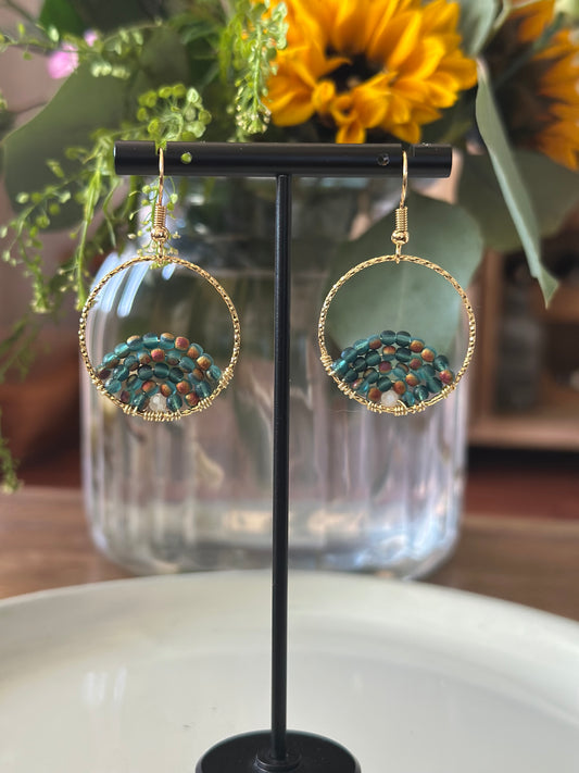 Dangle and Drop Earrings in Teal with Burned Orange marks and Gold.