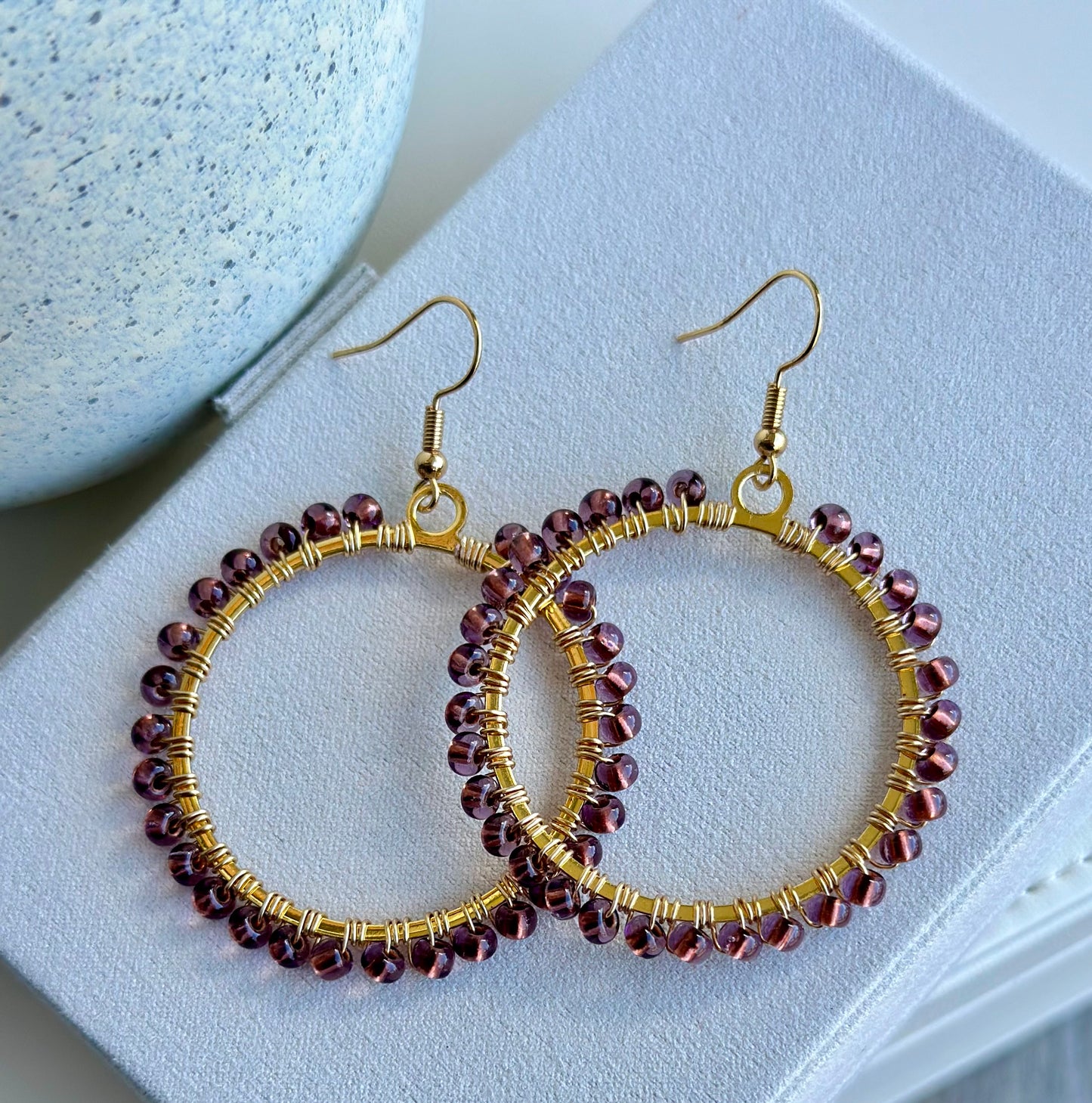 Dangle Hoops Earrings in Purple and Gold