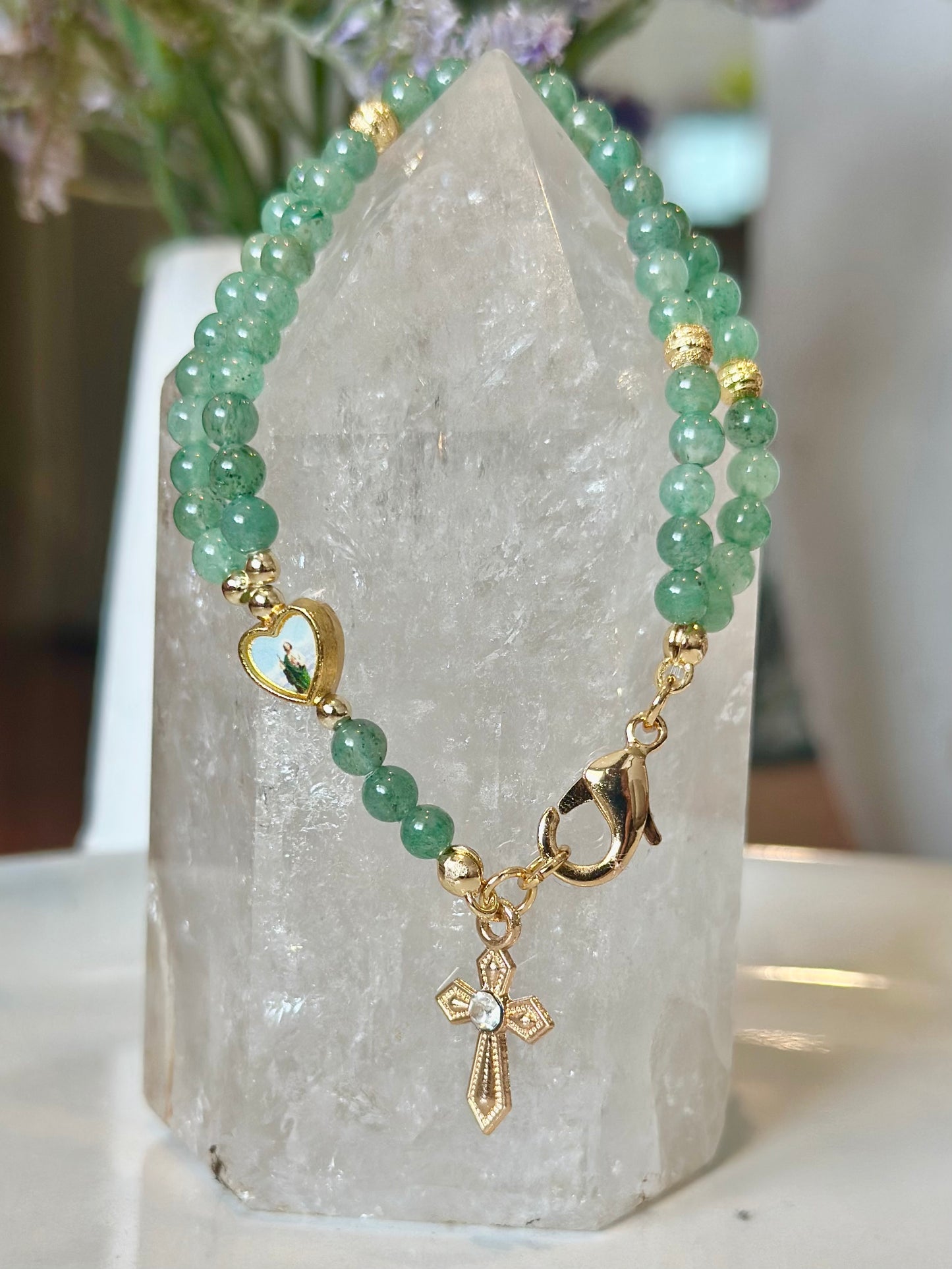 Rosary Bracelet in Green and Gold.