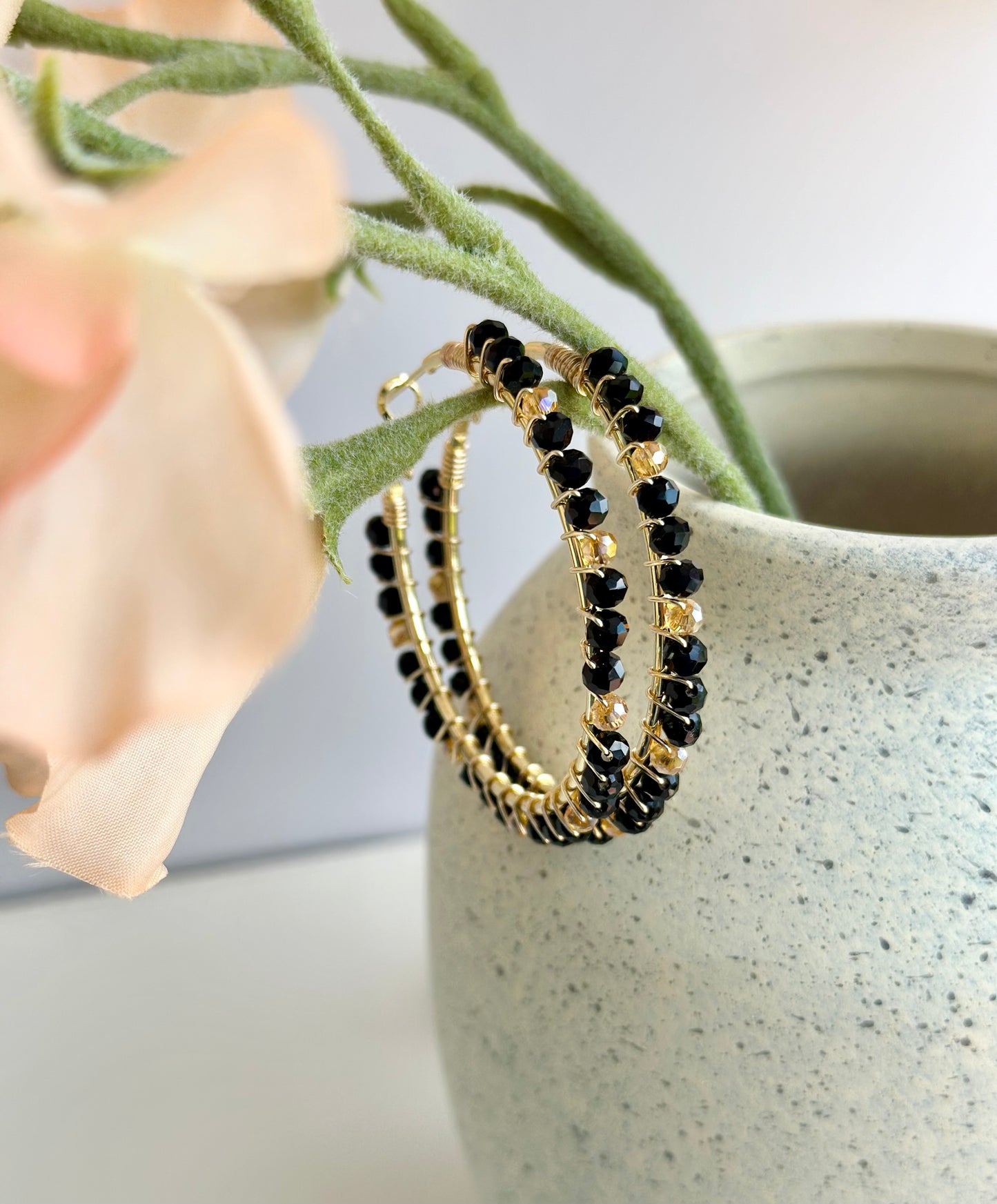 Hoop Earrings with Black and Gold Glass Beads (40mm)