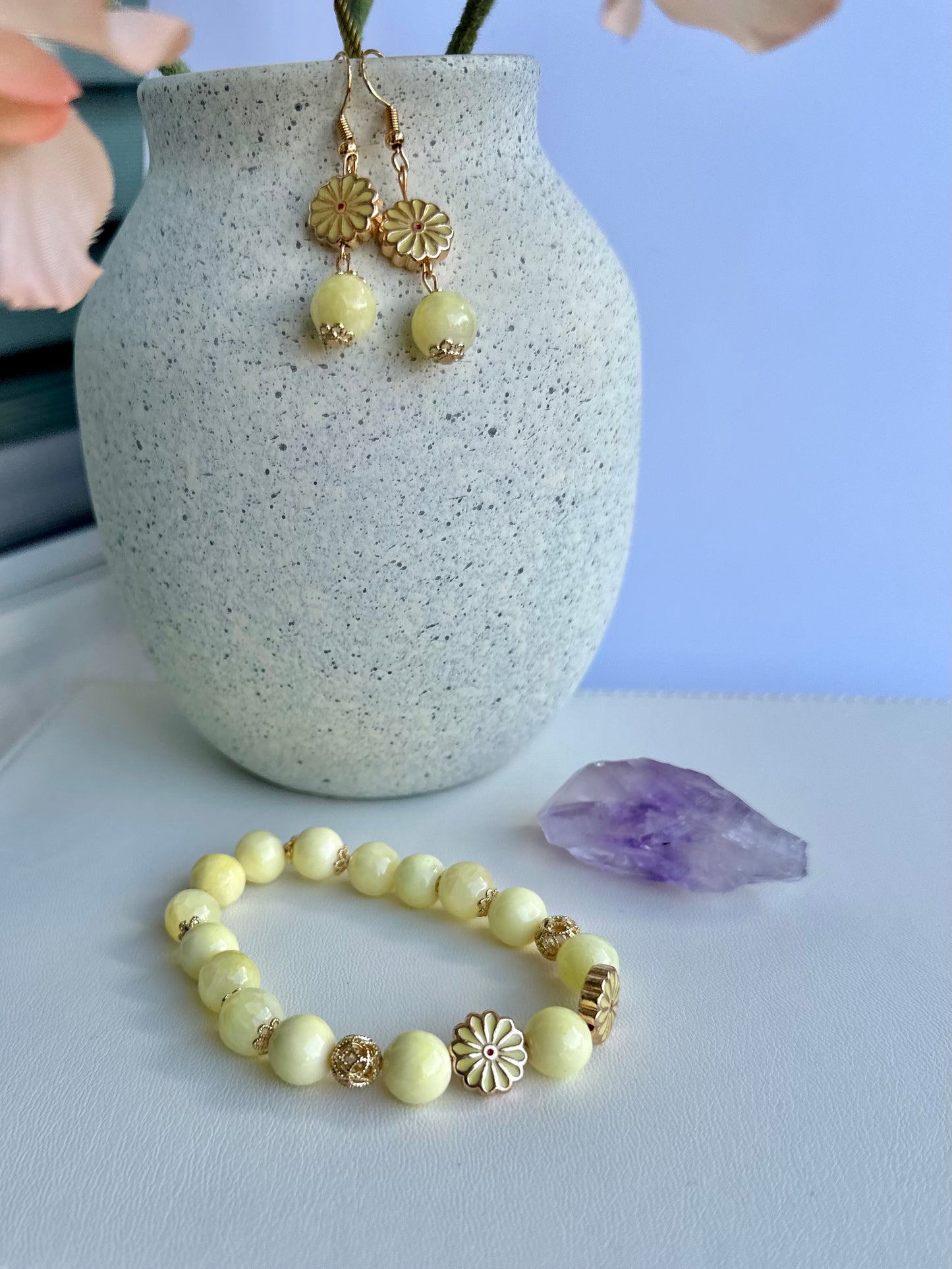 Bracelet and Earrings Set in Soft Yellow