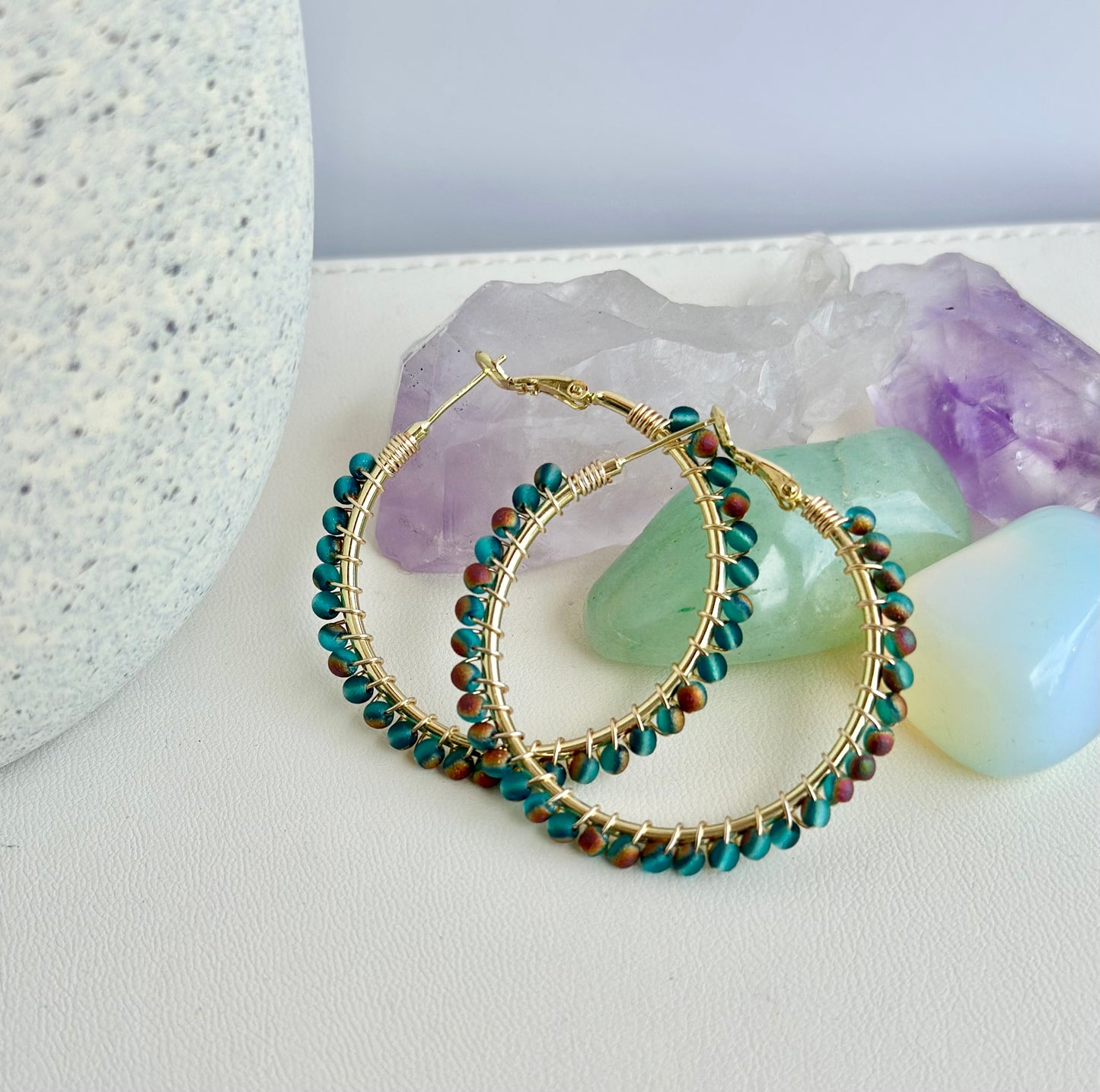 Hoop Earrings with Blue Green Glass Beads (30mm)