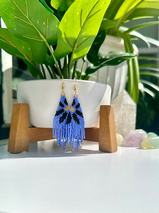 Beaded  Fringe Earrings in Blue, Black and Gold