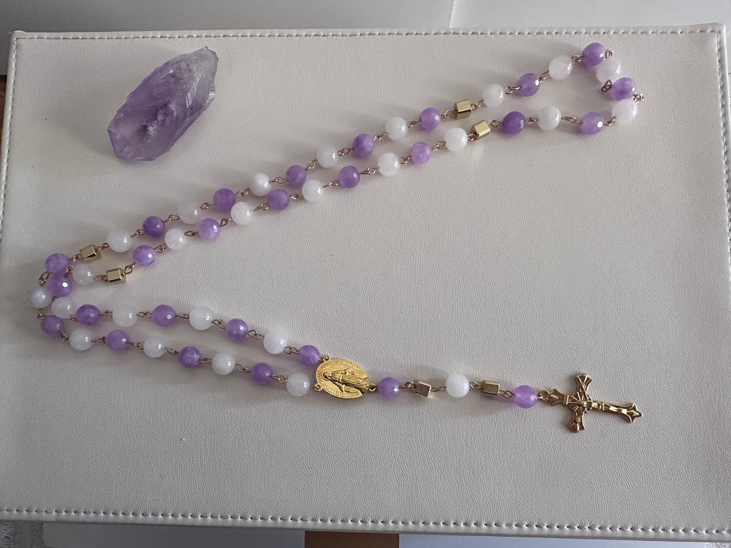 Rosary made of Lavender Jade and White Quartz Gemstones