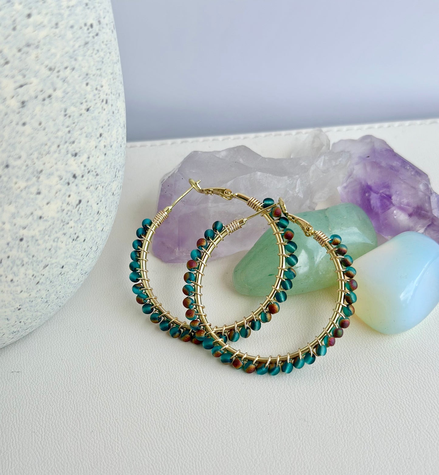 Hoop Earrings with Blue Green Glass Beads (30mm)