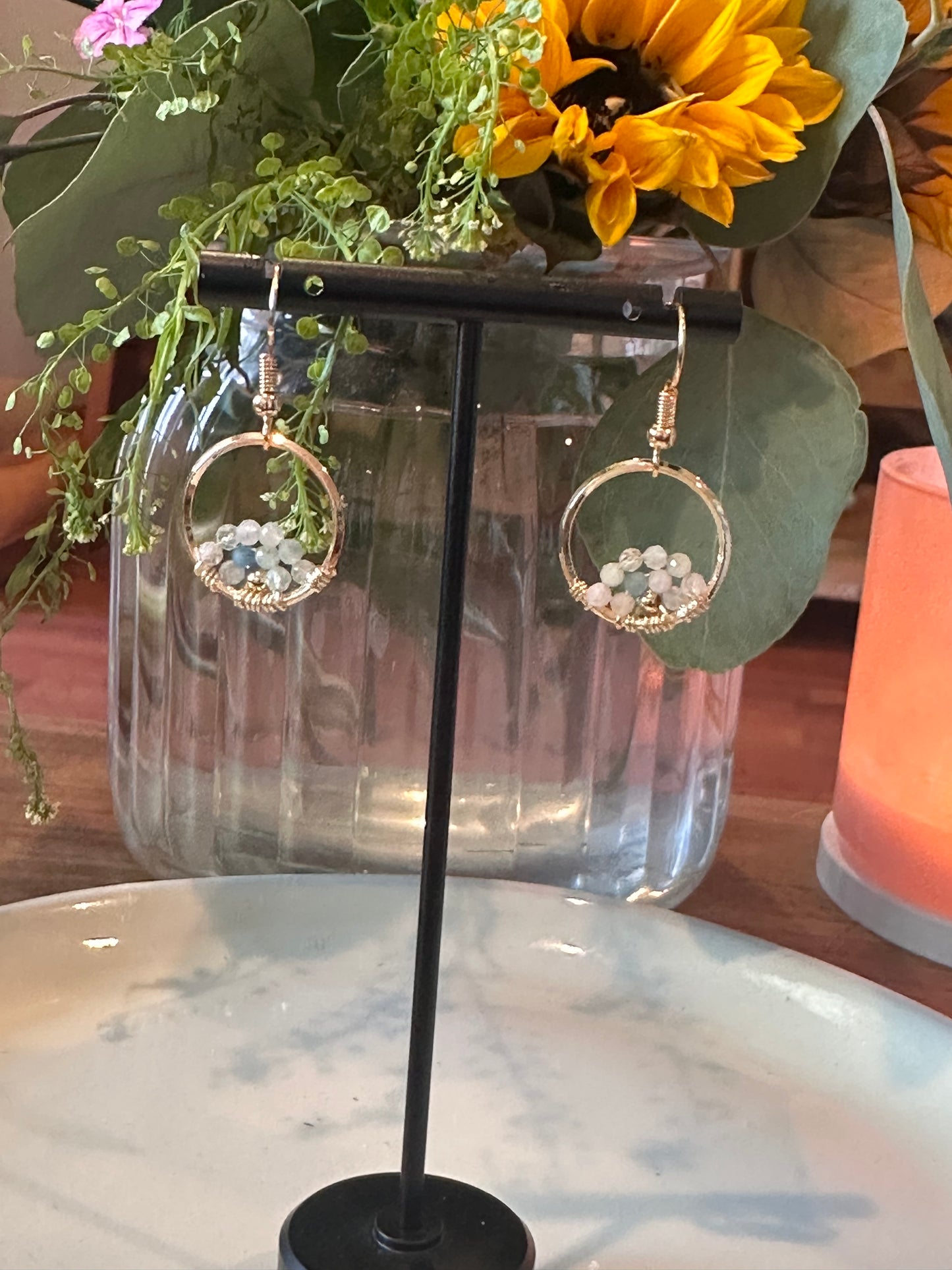 Dangle and Drop Earrings in Light Blue and Gold.