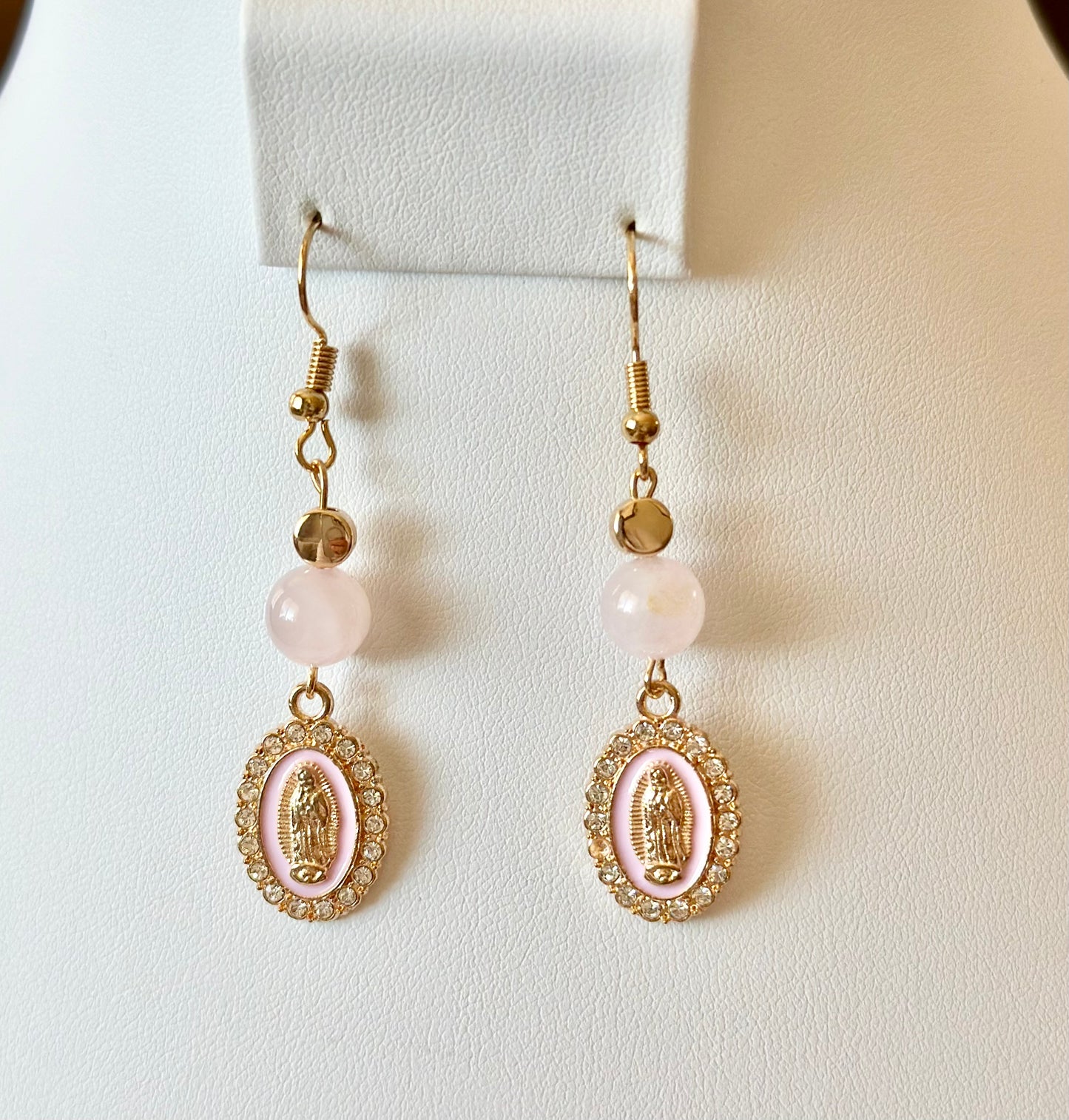 Virgen de Guadalupe Dangle and Drop Earrings in Pink