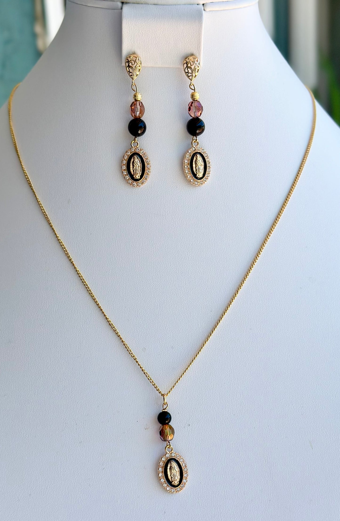 Virgen De Guadalupe 2 Piece Jewelry Set in Black and Bronze