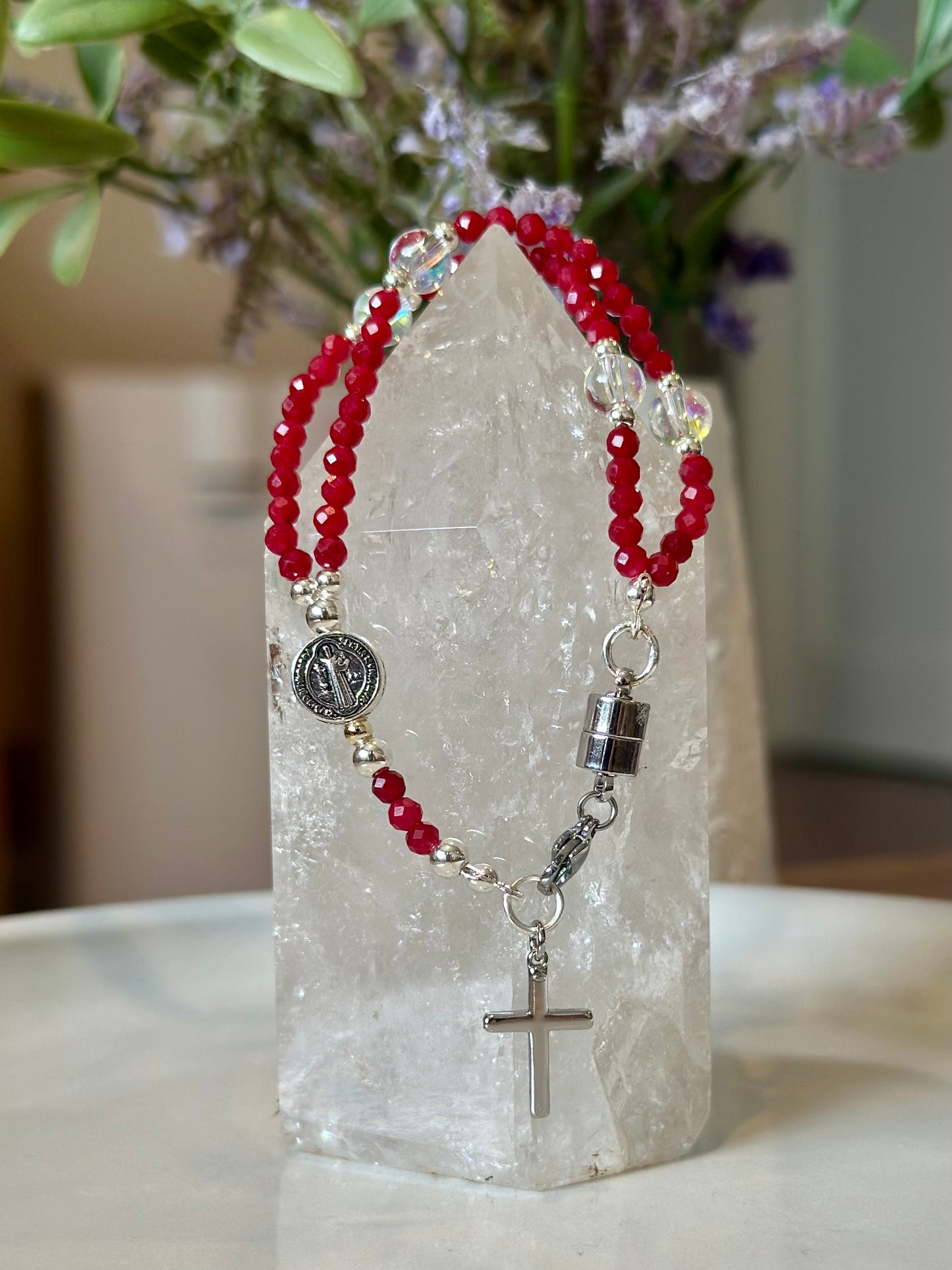 Rosary Bracelet in Red and Silver.