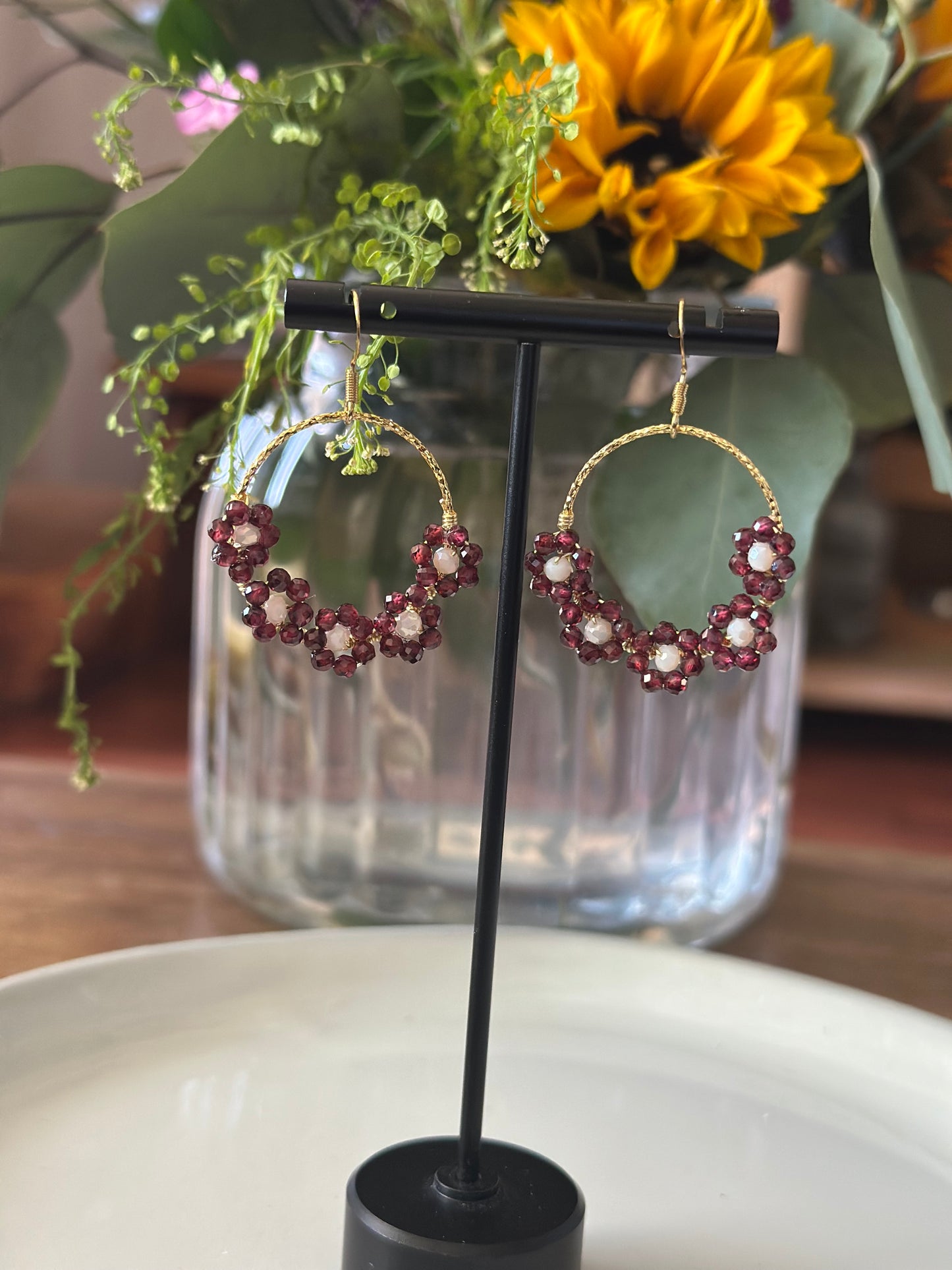 Dangle and Drop Earrings in Wine and Gold.