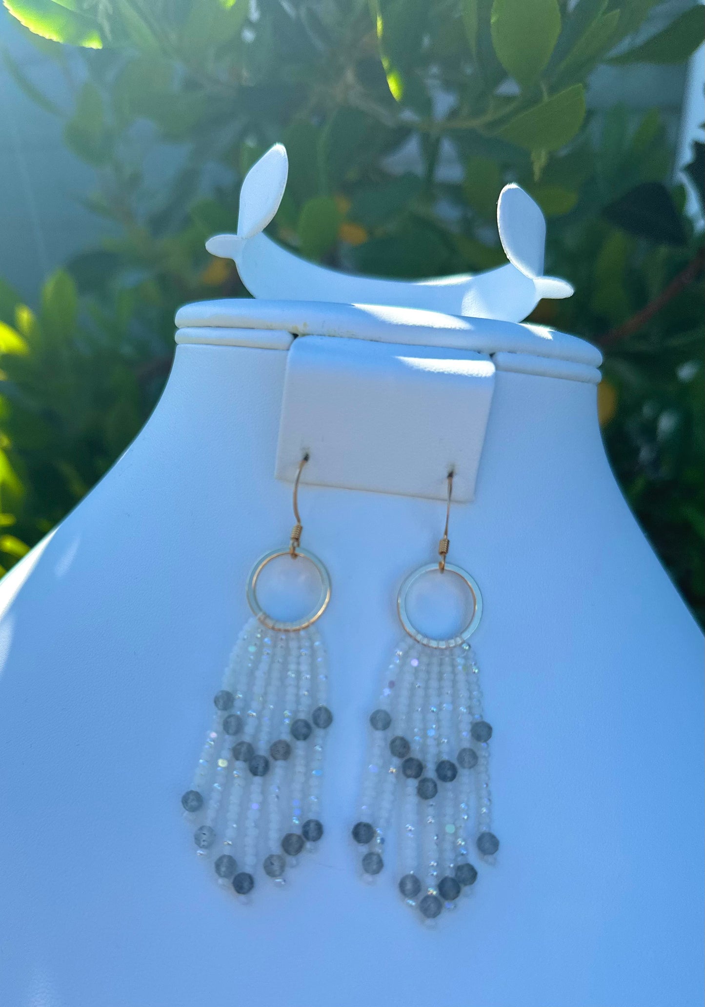 Beaded Fringe Earrings in White, Grey, and Gold