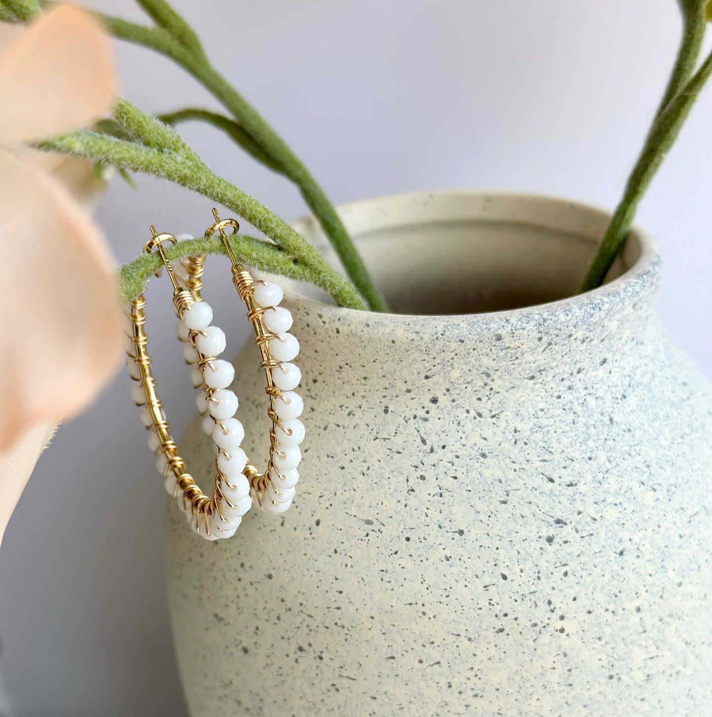 Hoop Earrings with White Glass Beads (30mm)