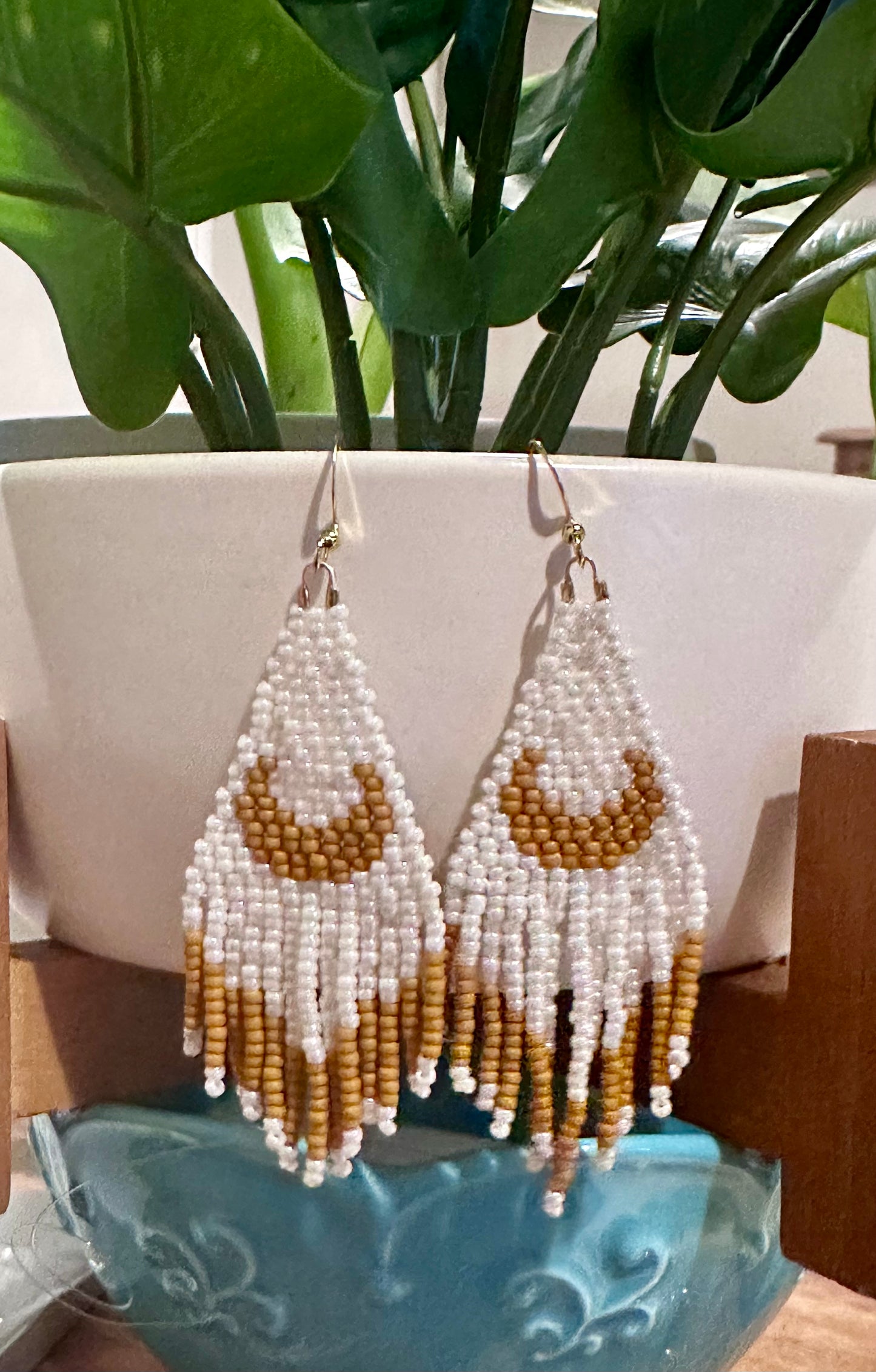 Beaded Fringe Earrings in White and Yellow Mustard