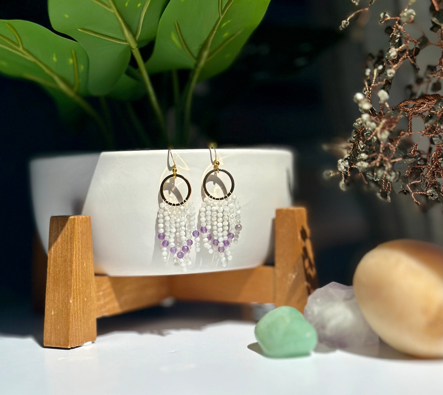 Beaded Fringe Earrings in White, Purple, and Gold