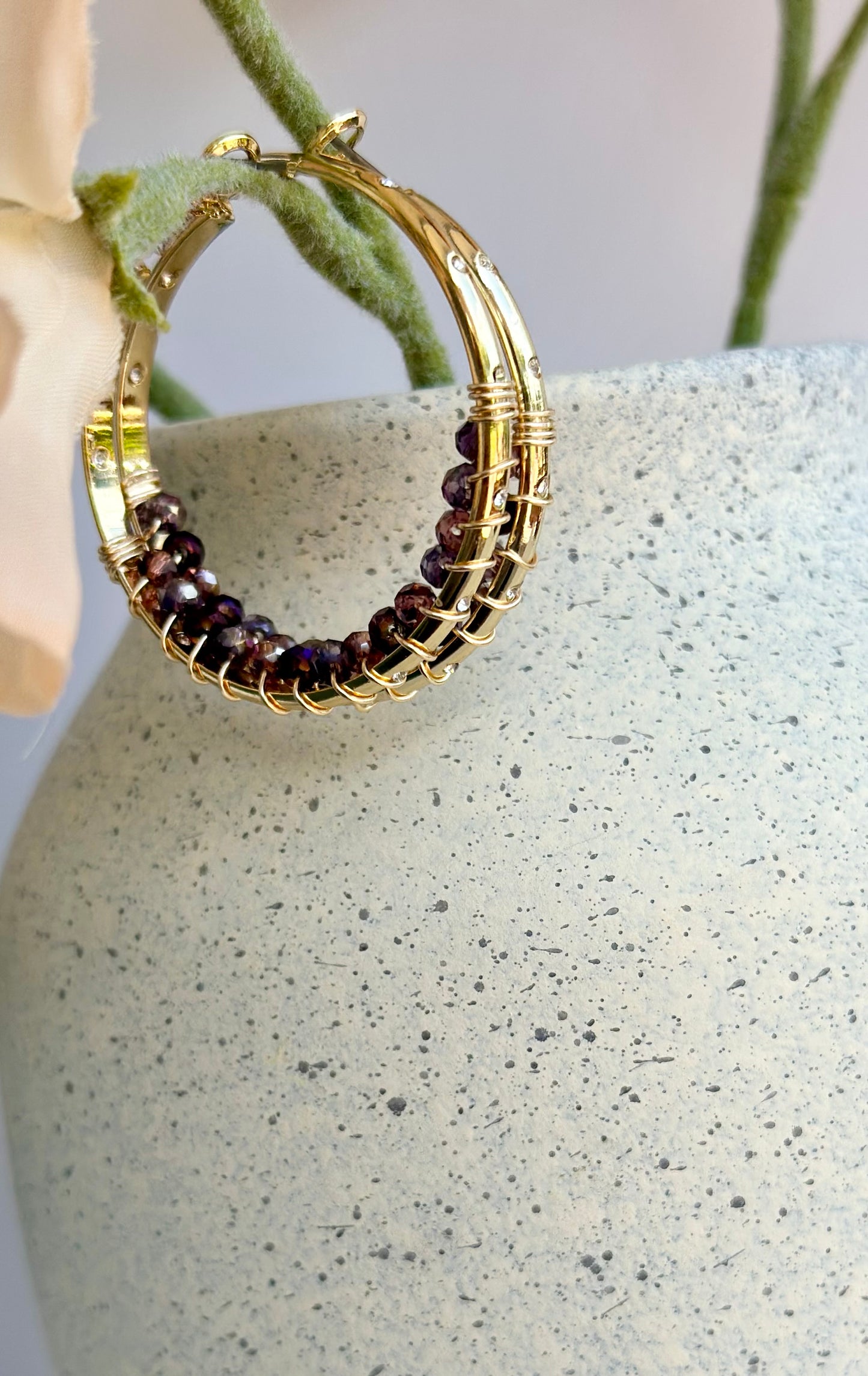 Hoop Earrings with Dark Purple Glass Beads (30mm)