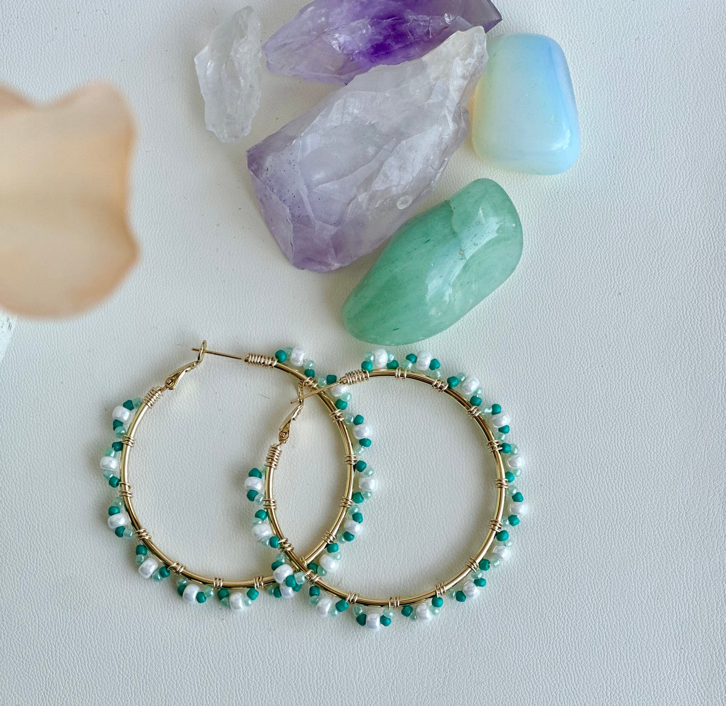 Hoop Earrings with Aqua and White