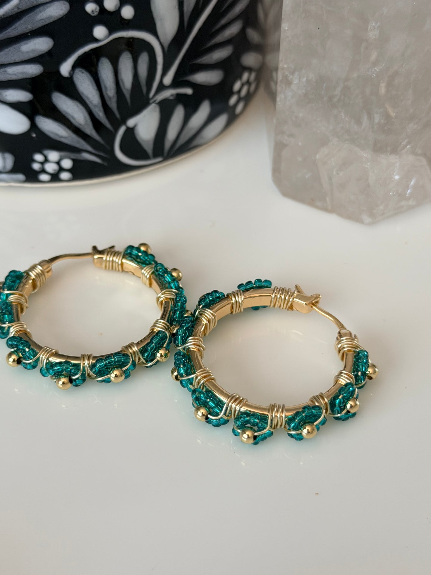 Hoop Earrings in Green and Gold.