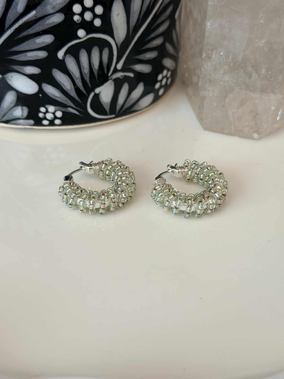 Hoop Earrings in Silver and Translucent Mint Green.