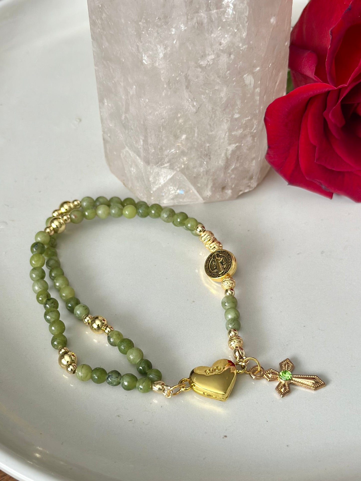 Rosary Bracelet in Green and Gold.