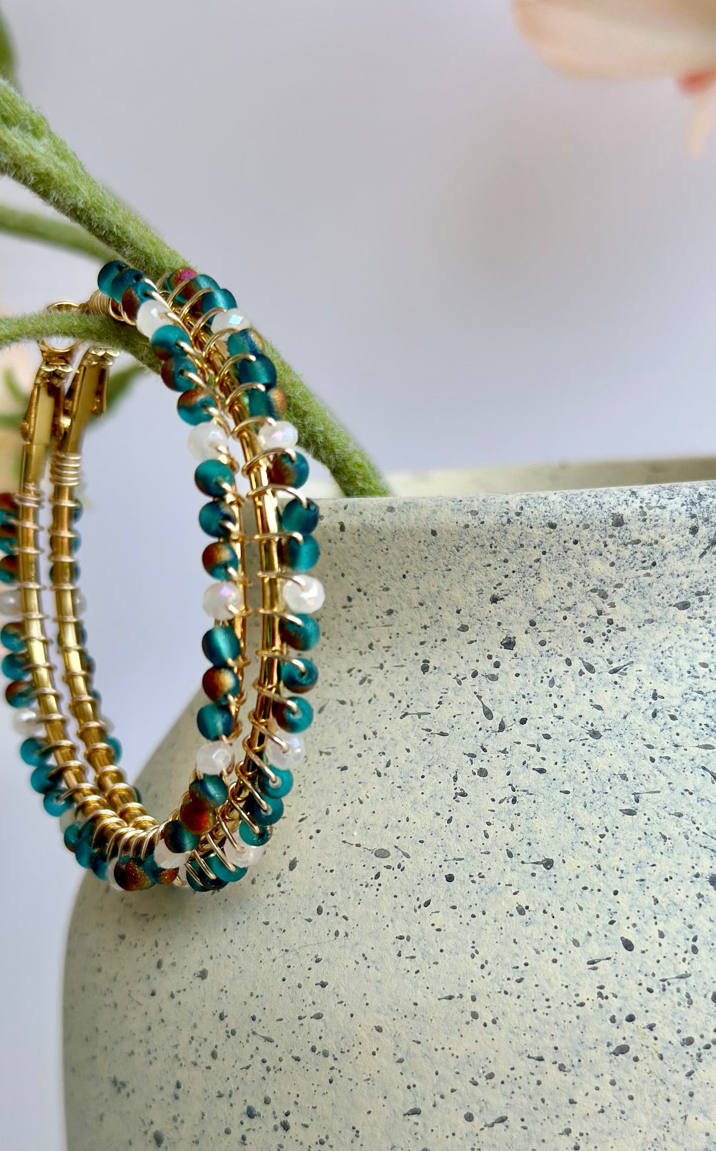 Hoop Earrings In Blue Green and White glass Beads (40mm)