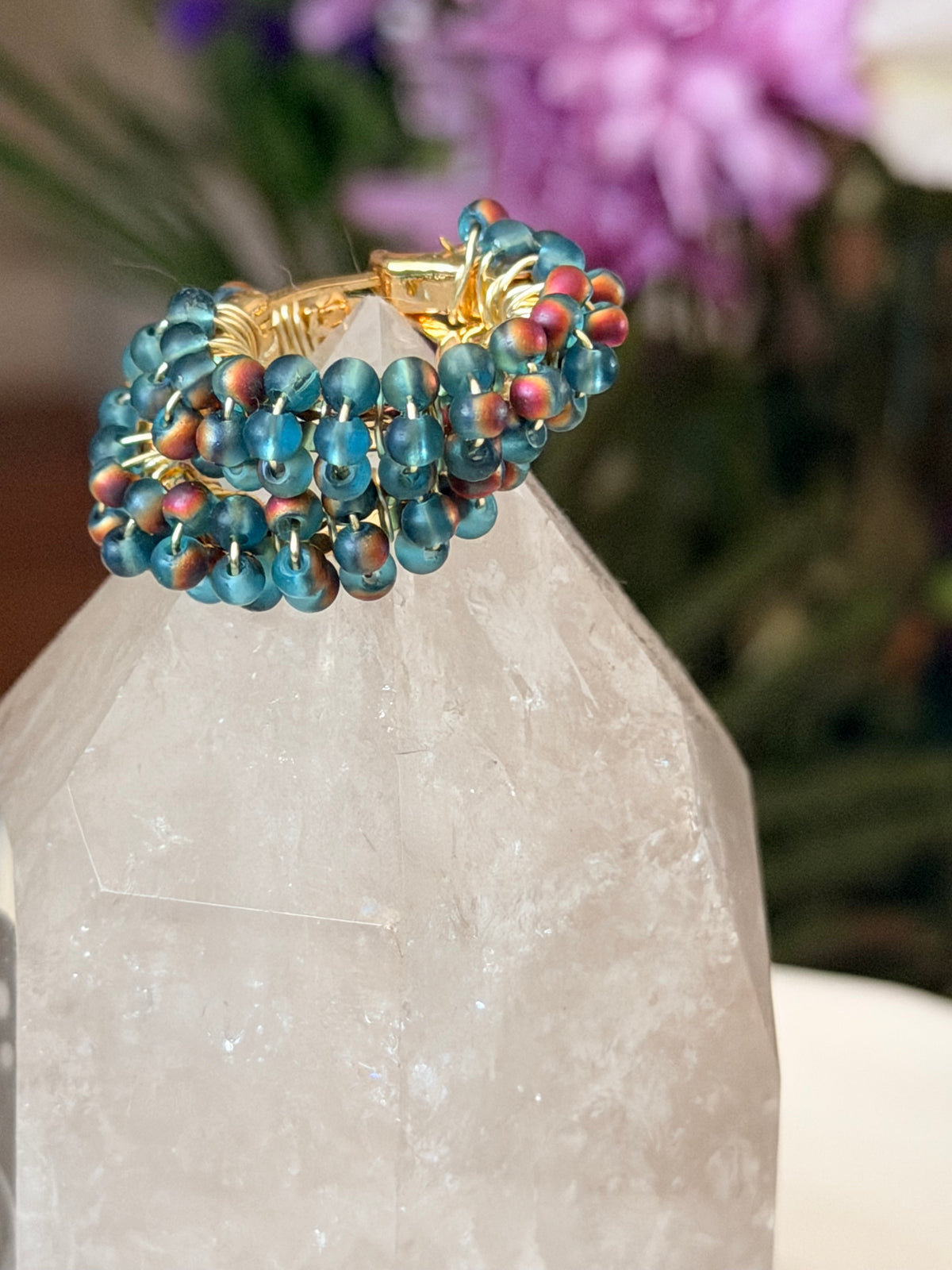 Hoop Earrings in Gold and Aqua Blue.