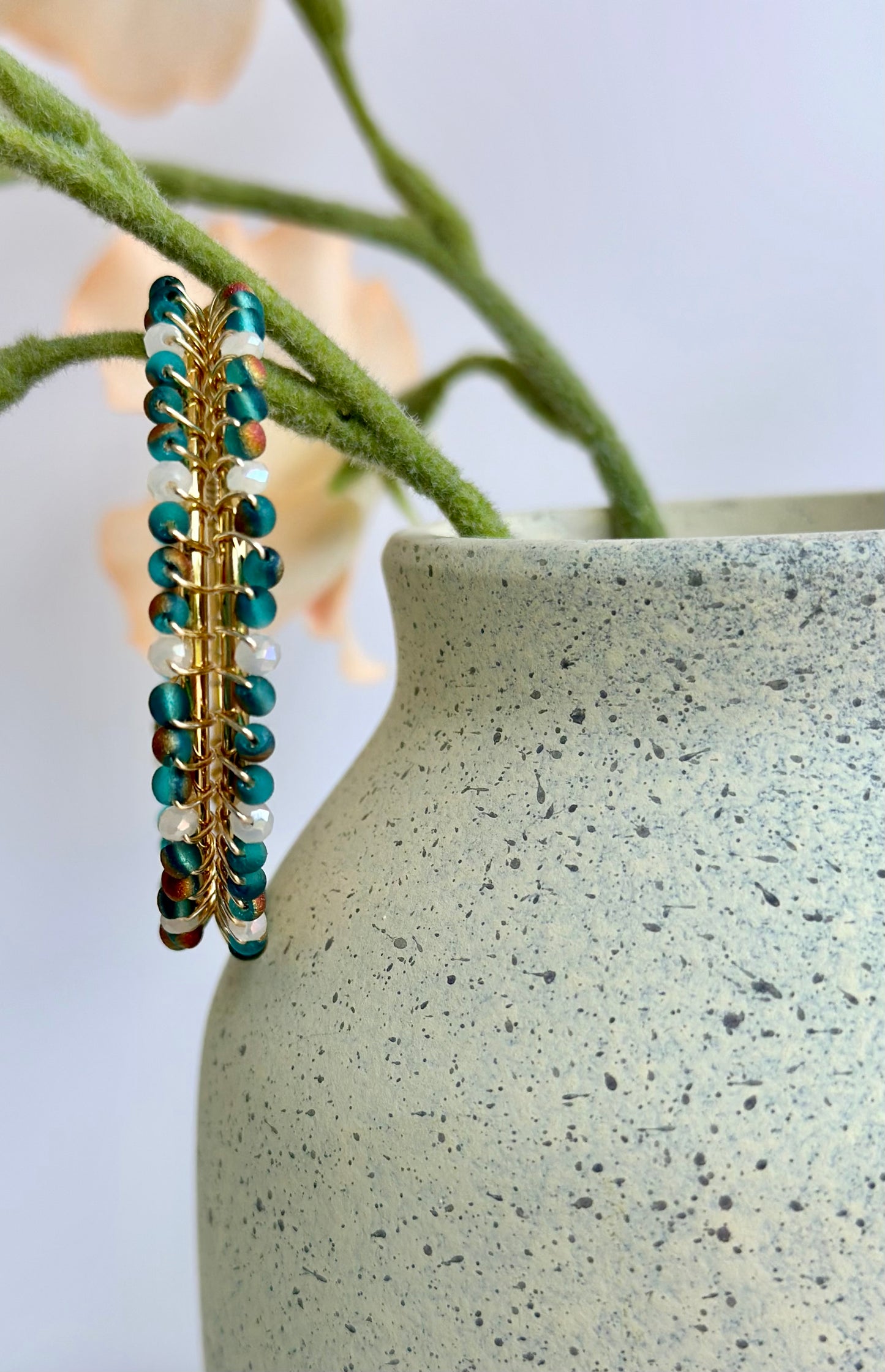 Hoop Earrings In Blue Green and White glass Beads (40mm)