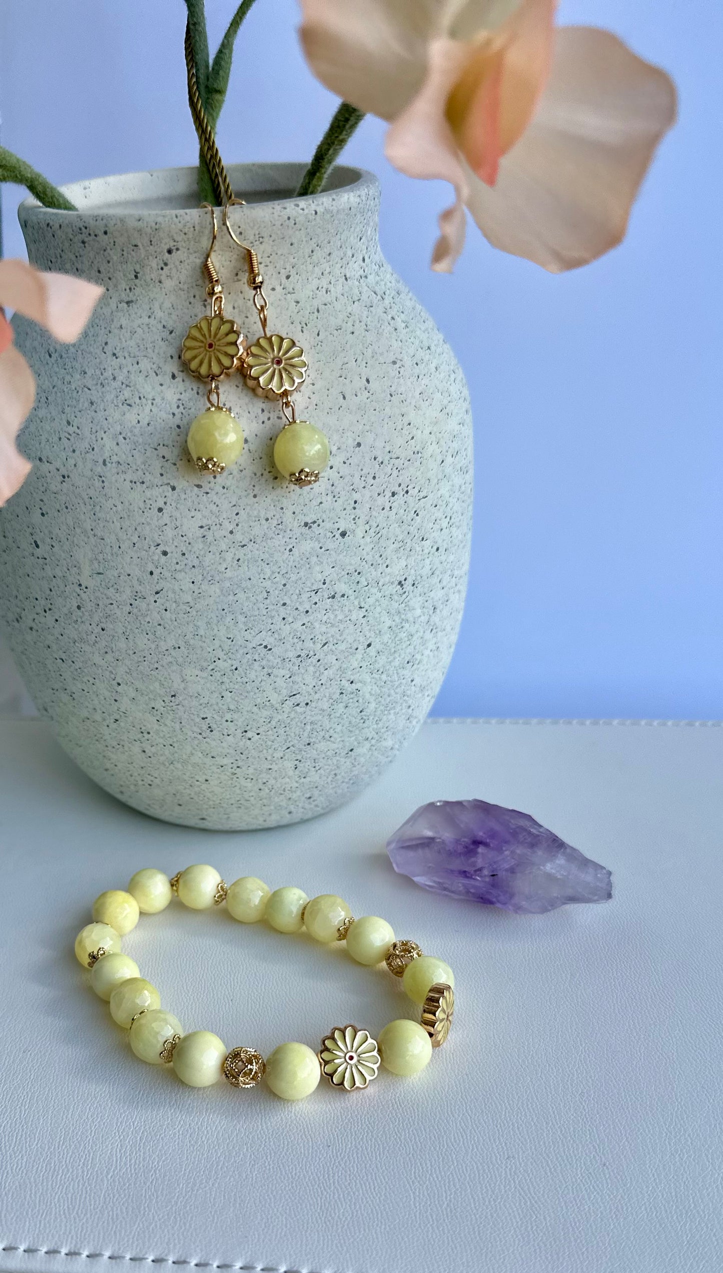 Bracelet and Earrings Set in Soft Yellow