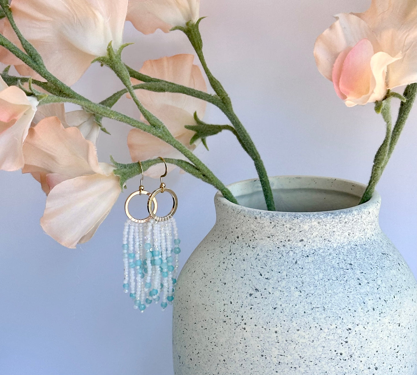 Beaded Fringe Earrings in White, Teal, and Gold