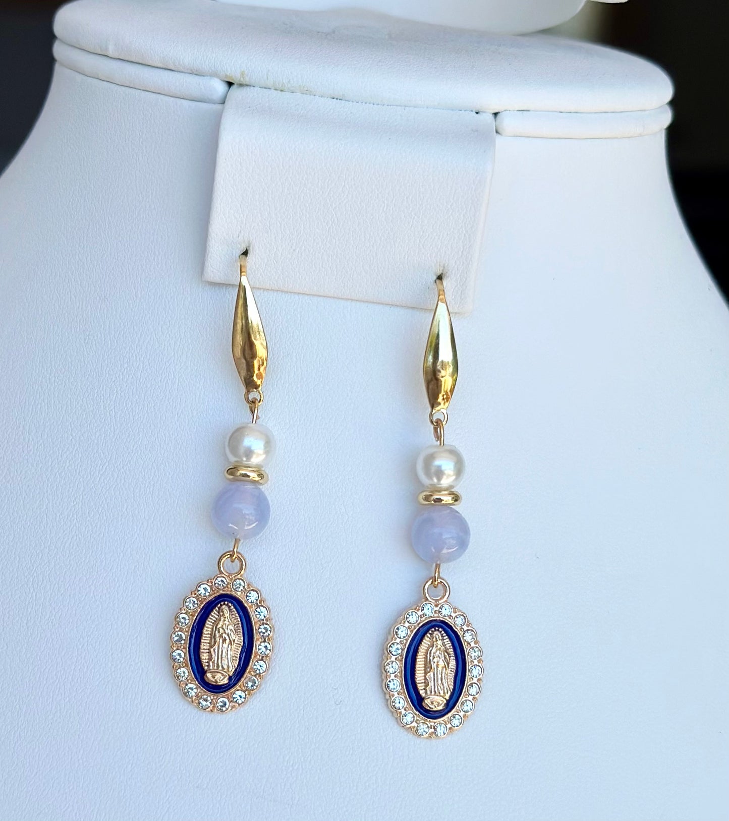 Virgen de Guadalupe Dangle and Drop Earrings in Blue and Ivory