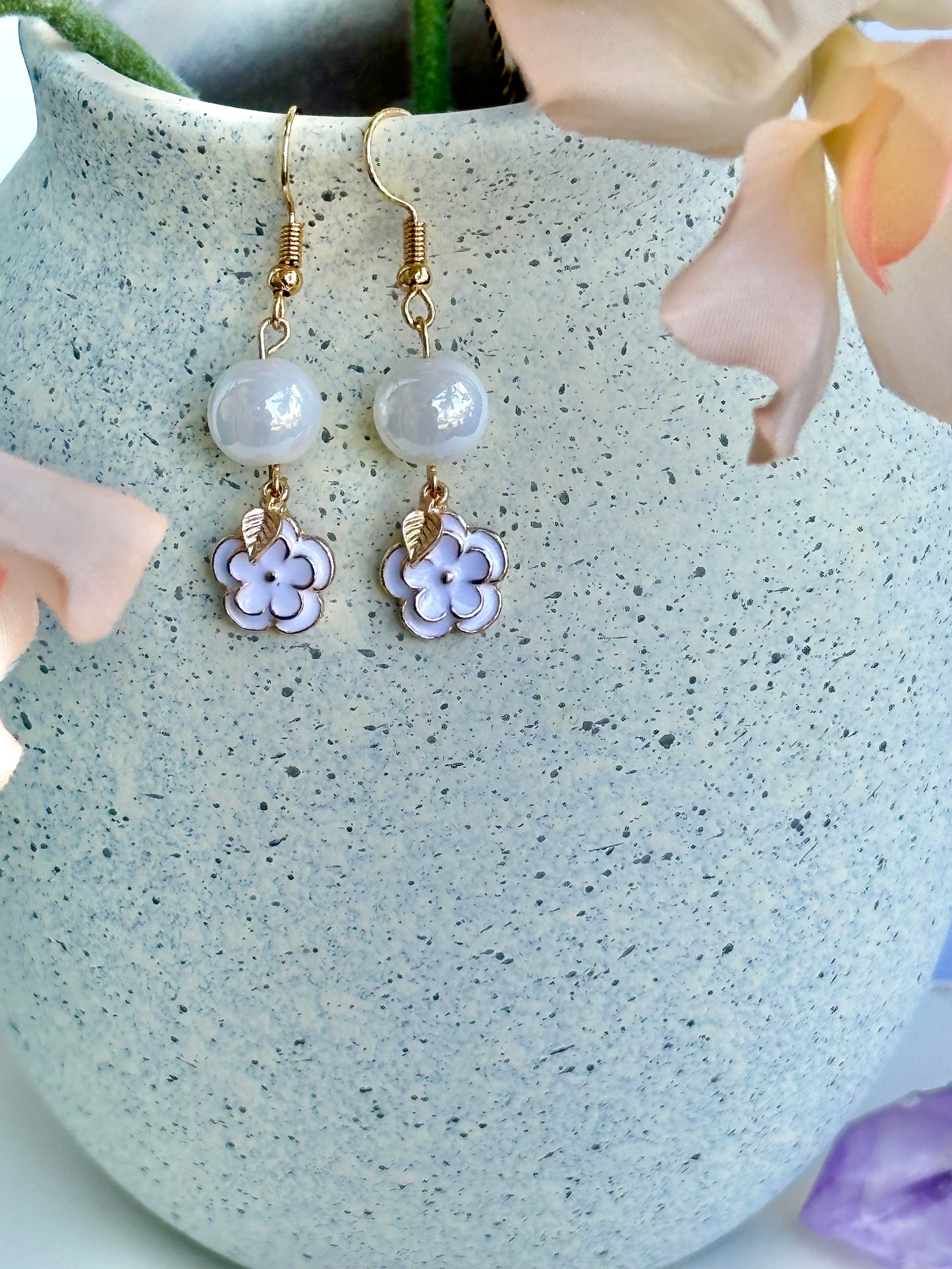 Dangle and Drop Earrings Set in White Pearl Beads