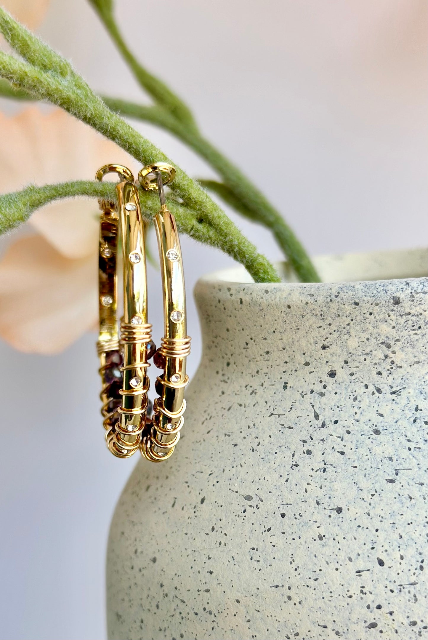 Hoop Earrings with Dark Purple Glass Beads (30mm)