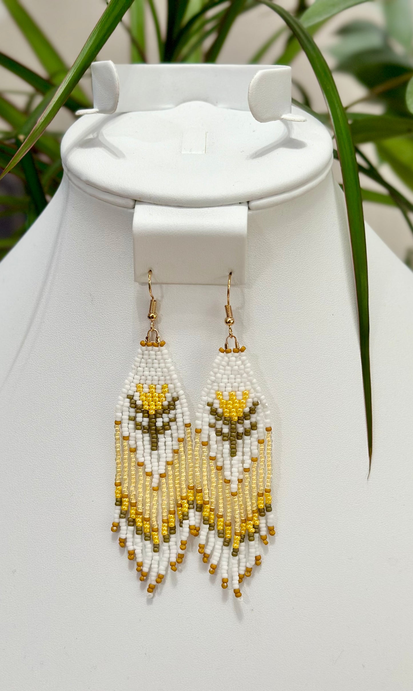 Beaded Fringe Earrings in Yellow, Green and White