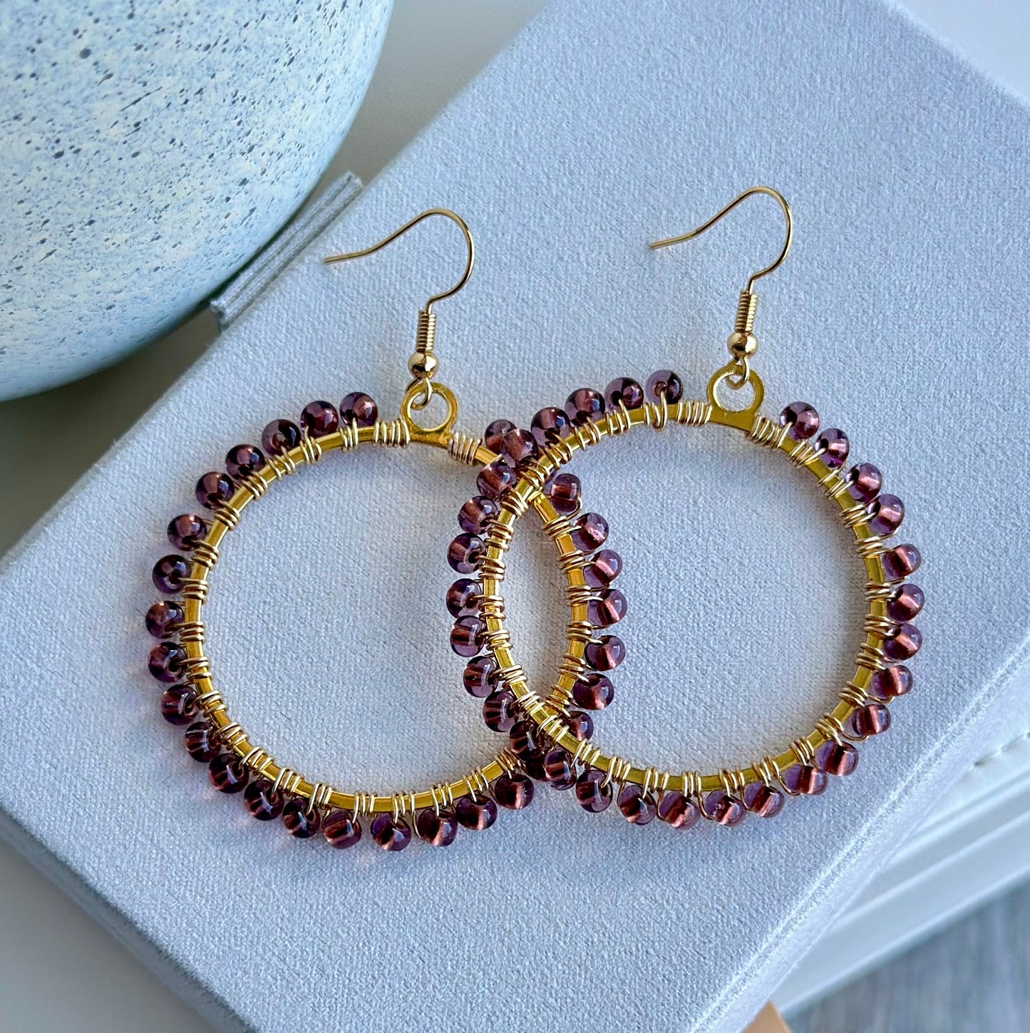 Dangle Hoops Earrings in Purple and Gold