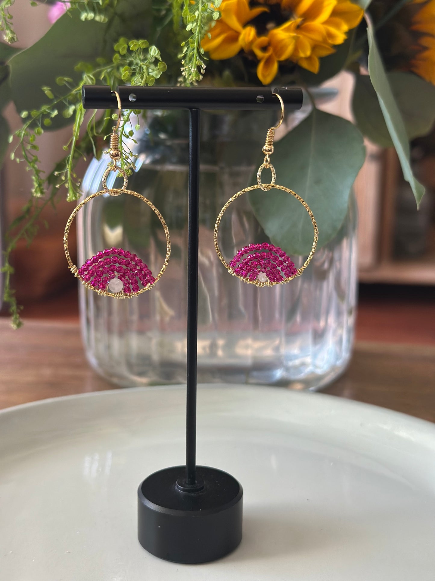 Dangle and Drop Earrings in Hot Pink and Gold.