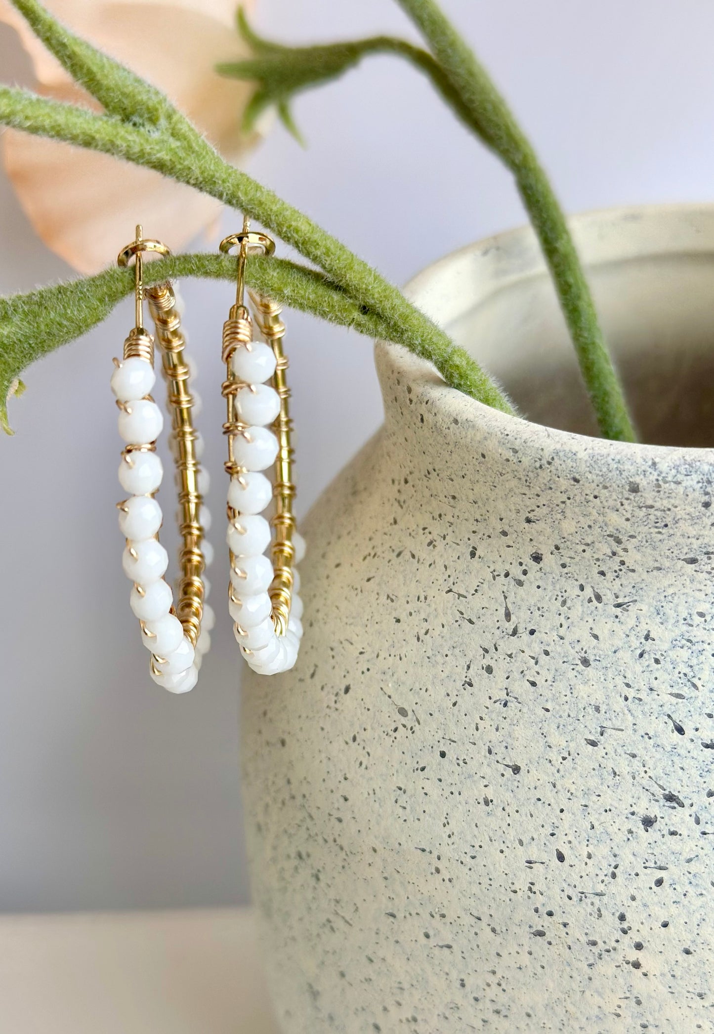 Hoop Earrings with White Glass Beads (30mm)