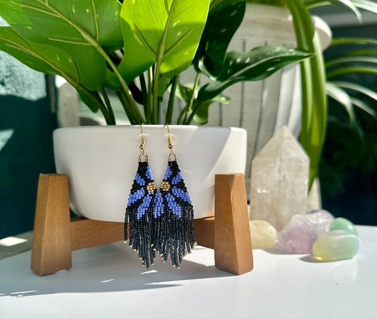 Beaded Fringe Earrings in Black, Blue, and Gold