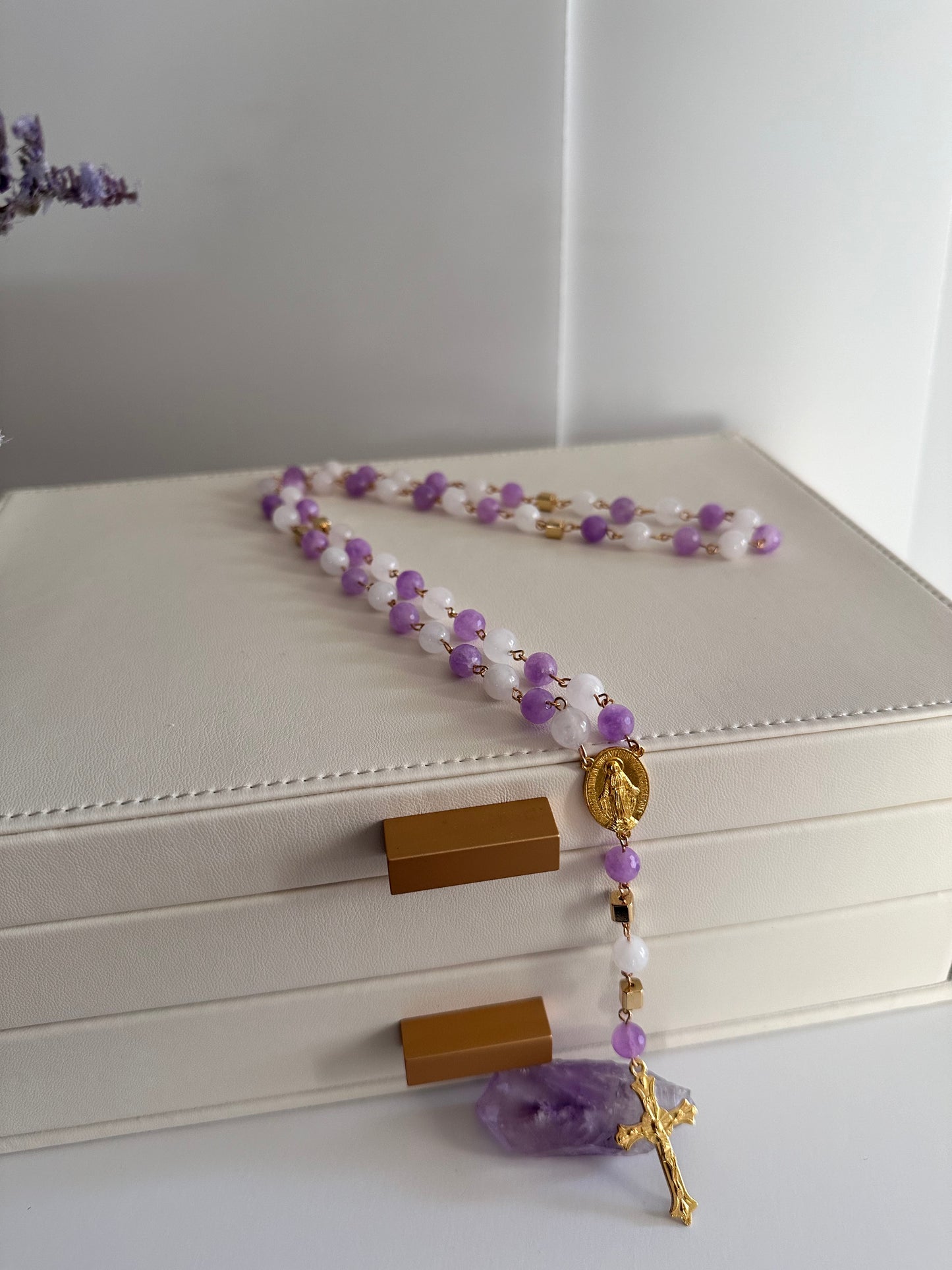 Rosary made of Lavender Jade and White Quartz Gemstones