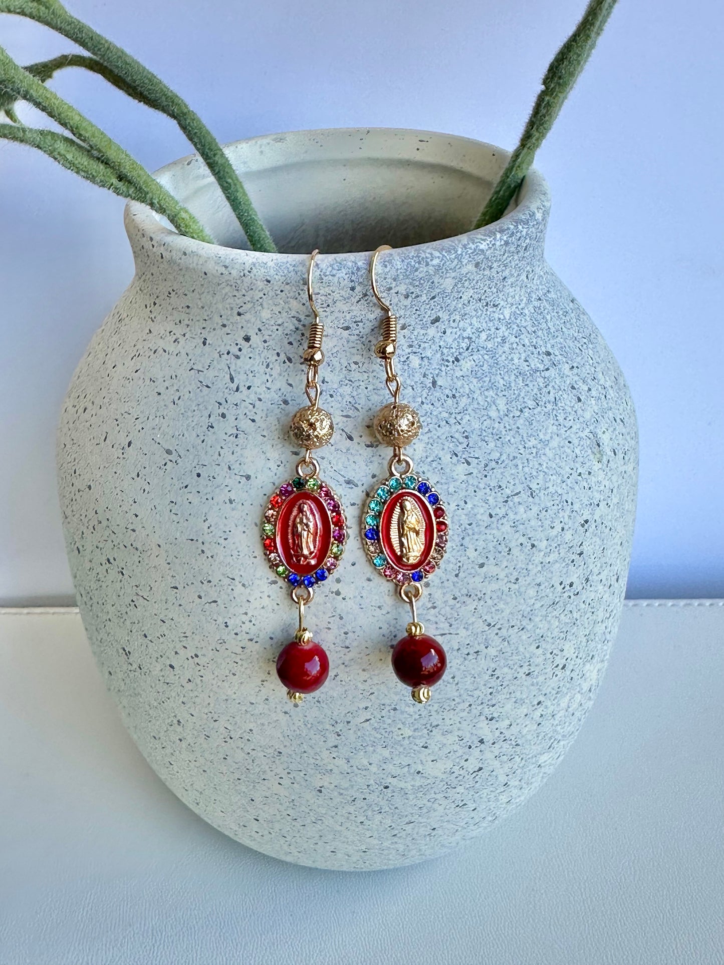 Virgen de Guadalupe Earrings in Dark Red Dyed Quartz