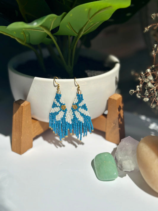 Beaded Fringe Earrings in Blue, White and Gold