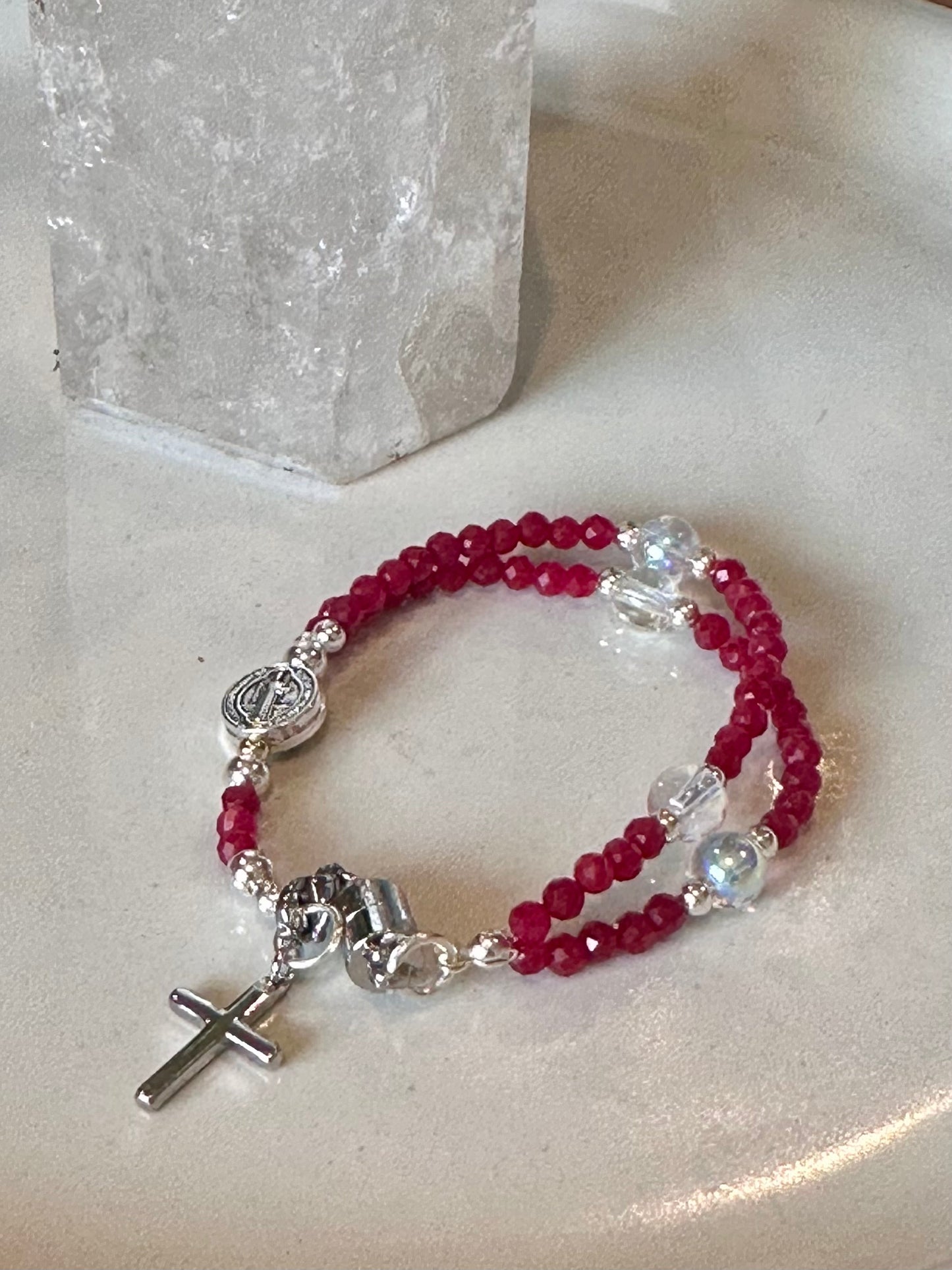Rosary Bracelet in Red and Silver.