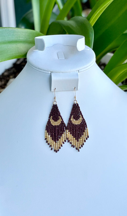 Beaded Fringe Earrings in Wine and Gold