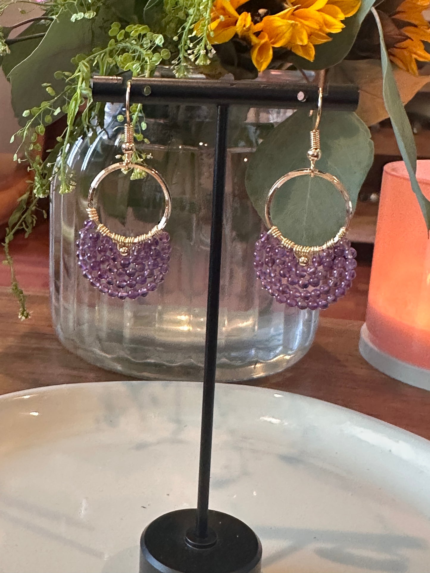 Dangle and Drop Earrings in Purple and Gold.