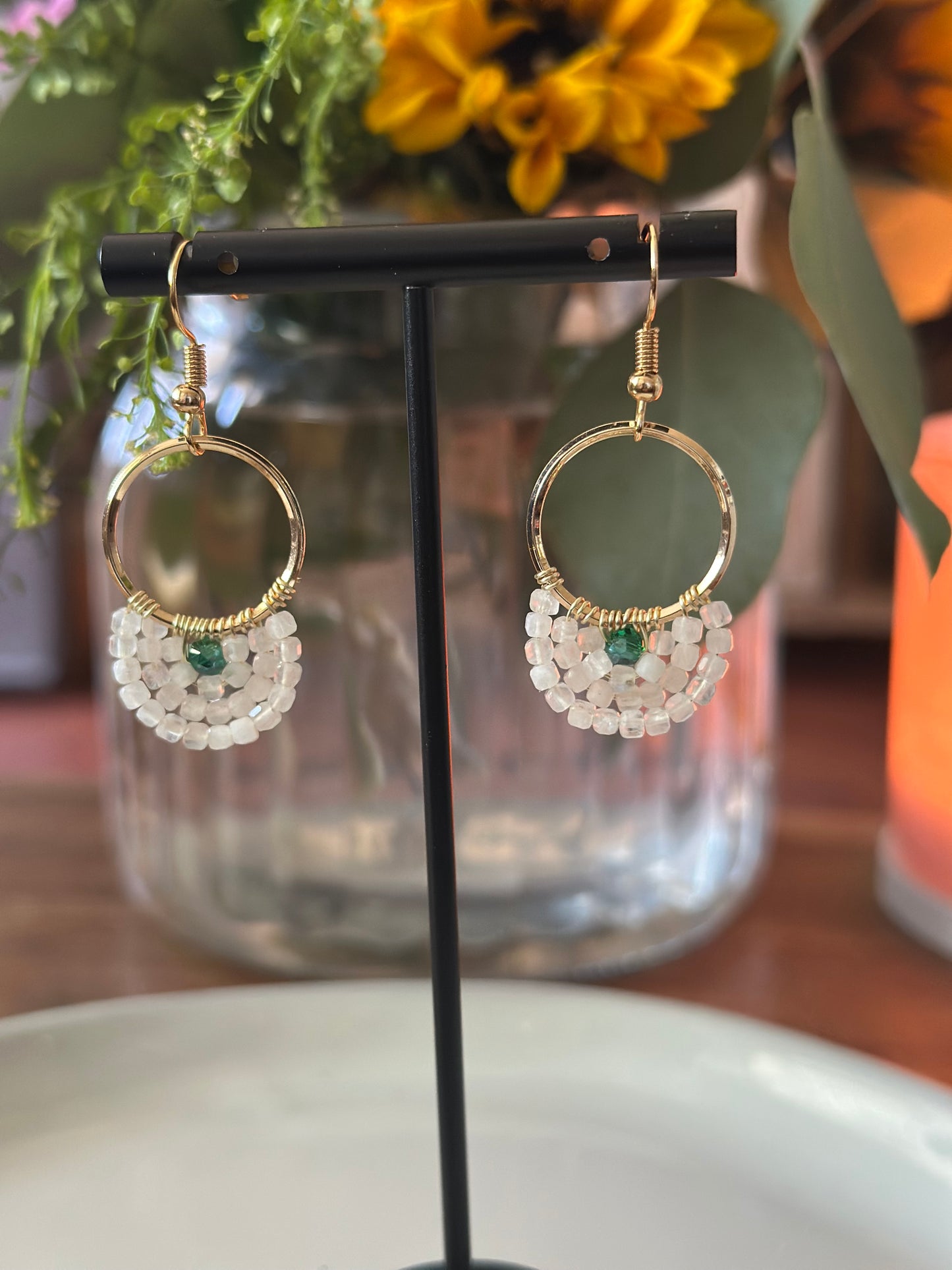 Dangle and Drop Earrings in White, Green and Gold.