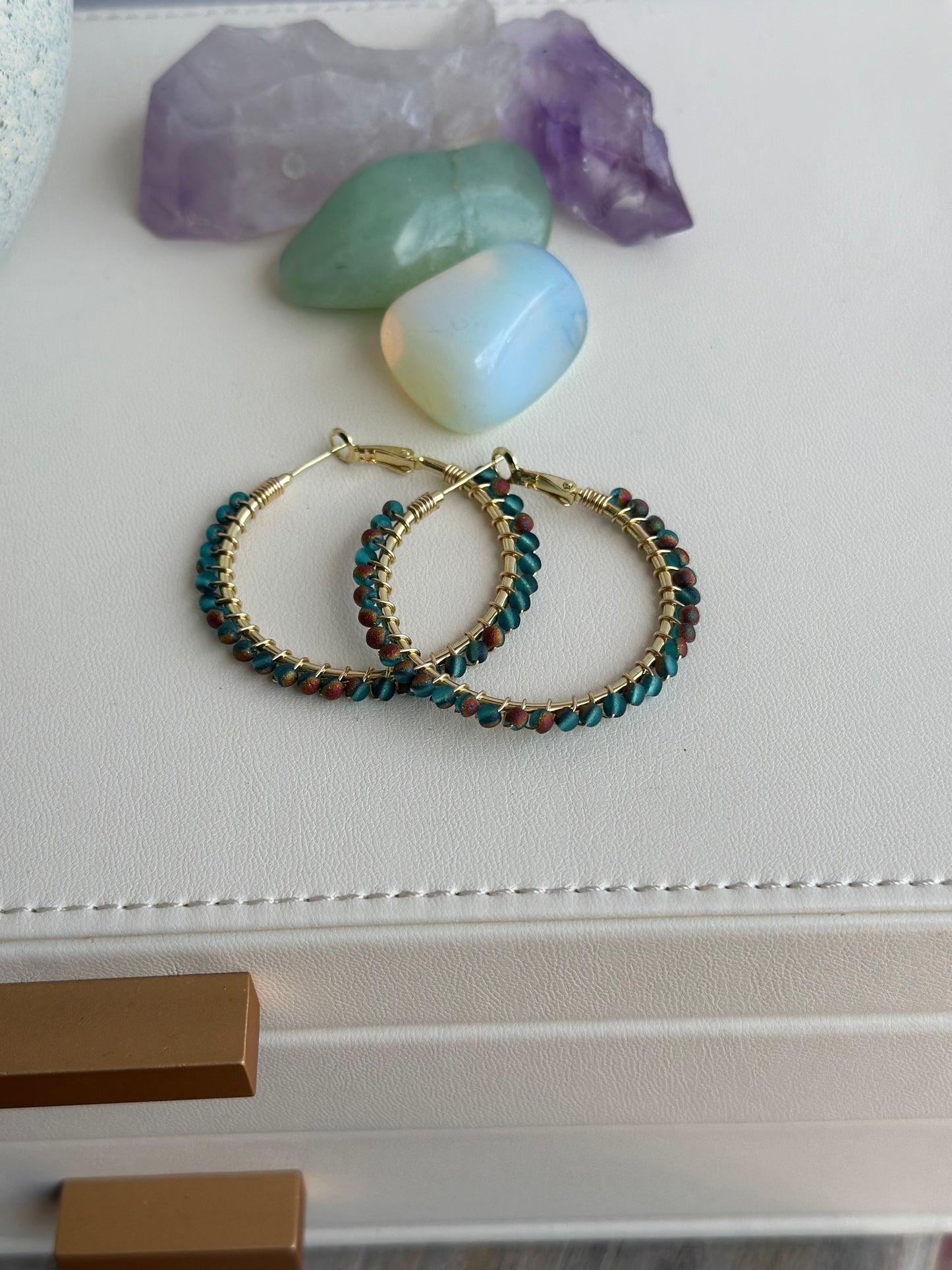 Hoop Earrings with Blue Green Glass Beads (30mm)