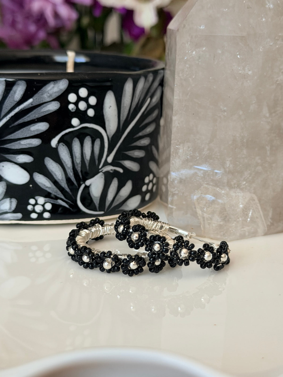 Hoop Earrings in Black and Silver.