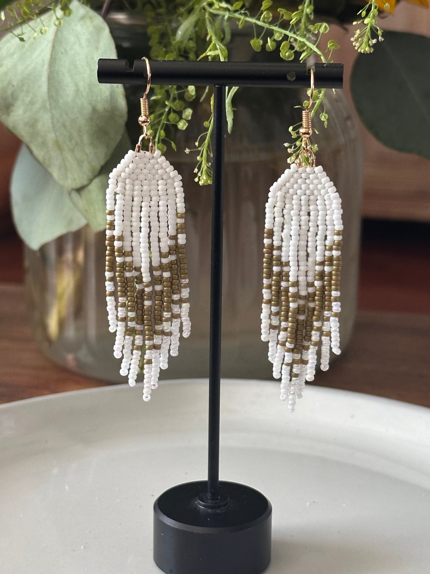 Beaded Earrings in White and Green
