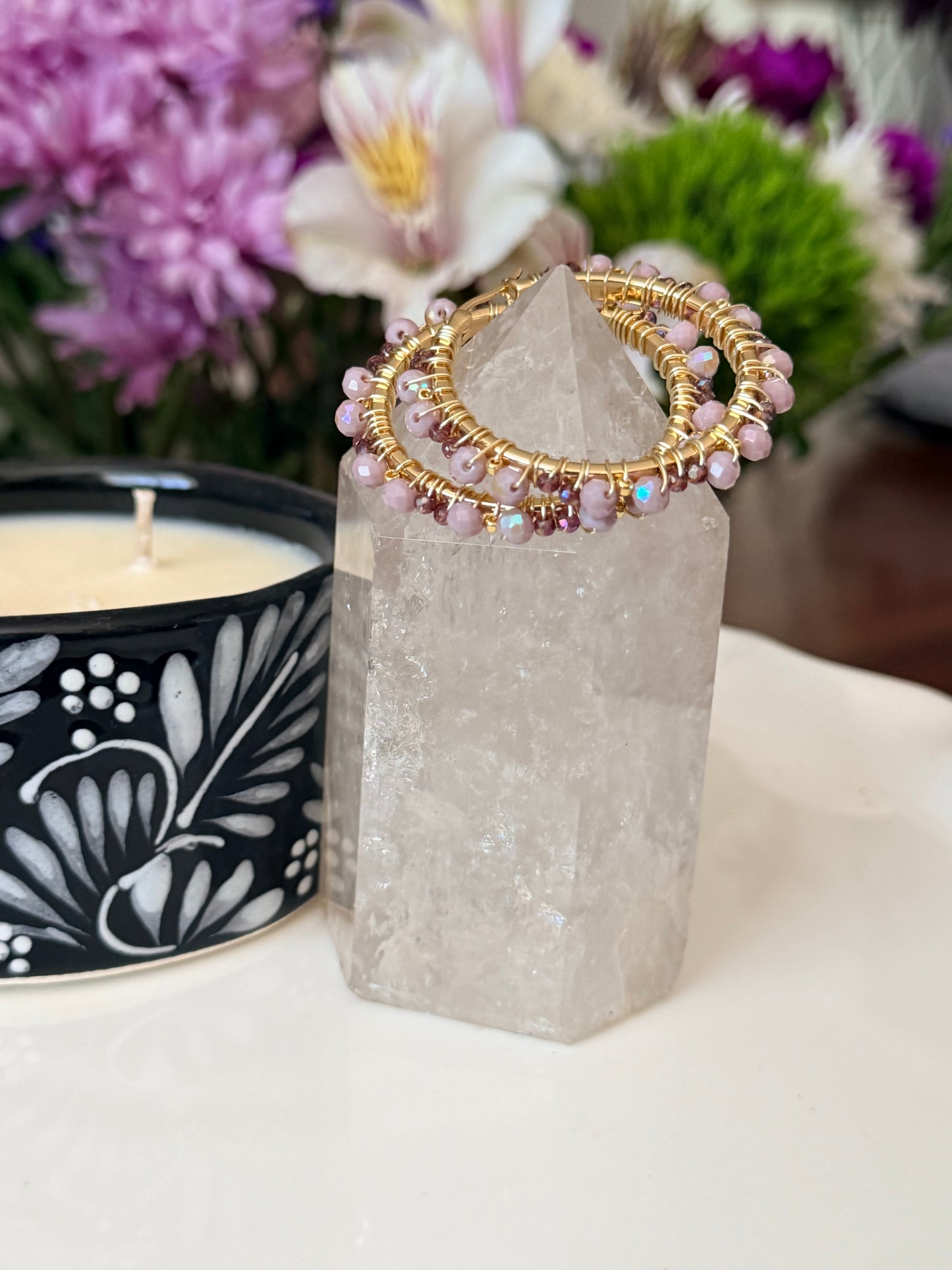 Hoop Earrings in Gold and Lilac.