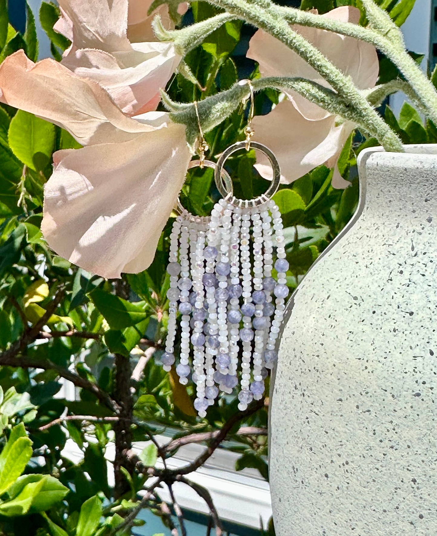 Beaded Fringe Earrings in White, Blue, and Gold