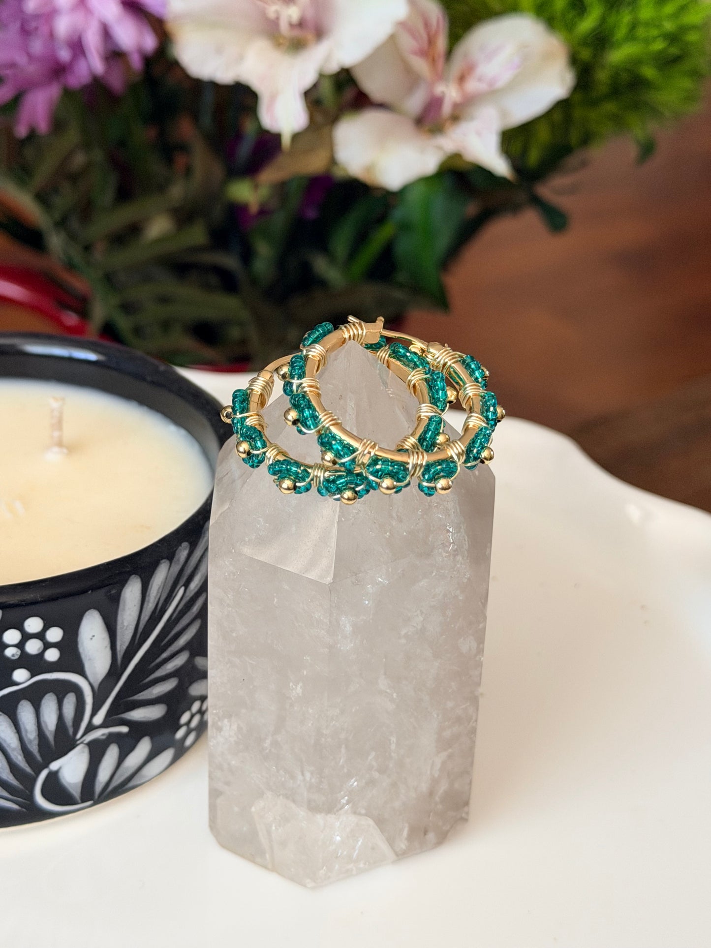 Hoop Earrings in Green and Gold.