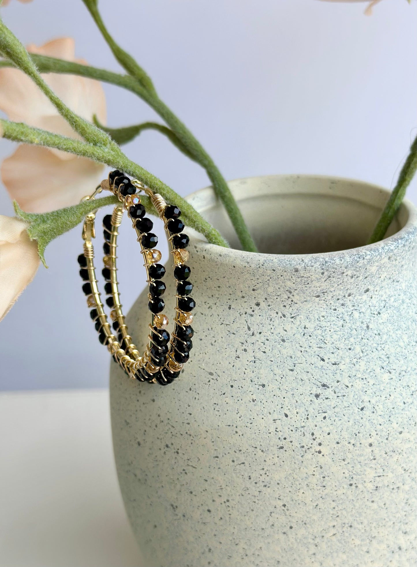 Hoop Earrings with Black and Gold Glass Beads (40mm)